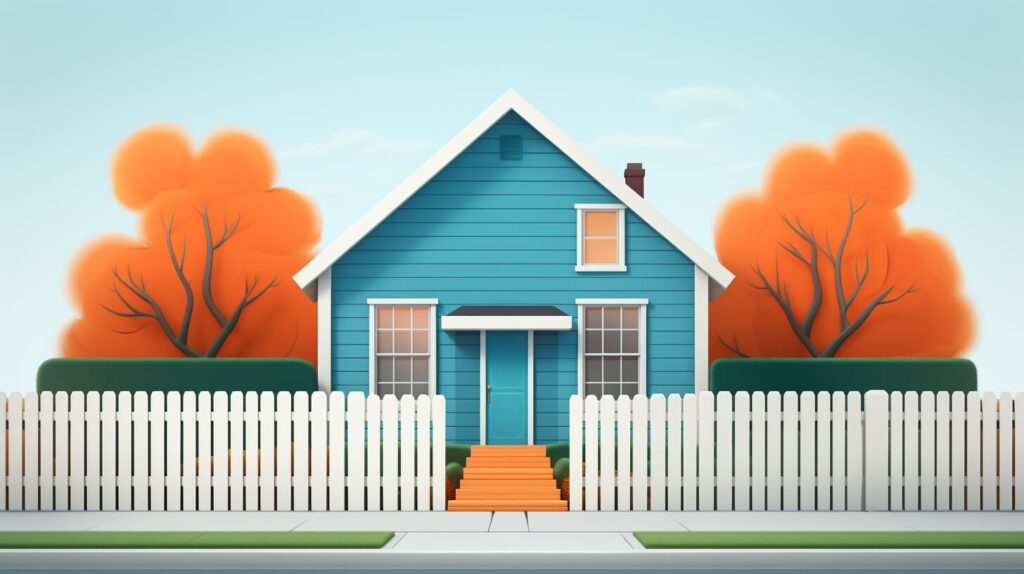 a blue home with a fence surrounding it
